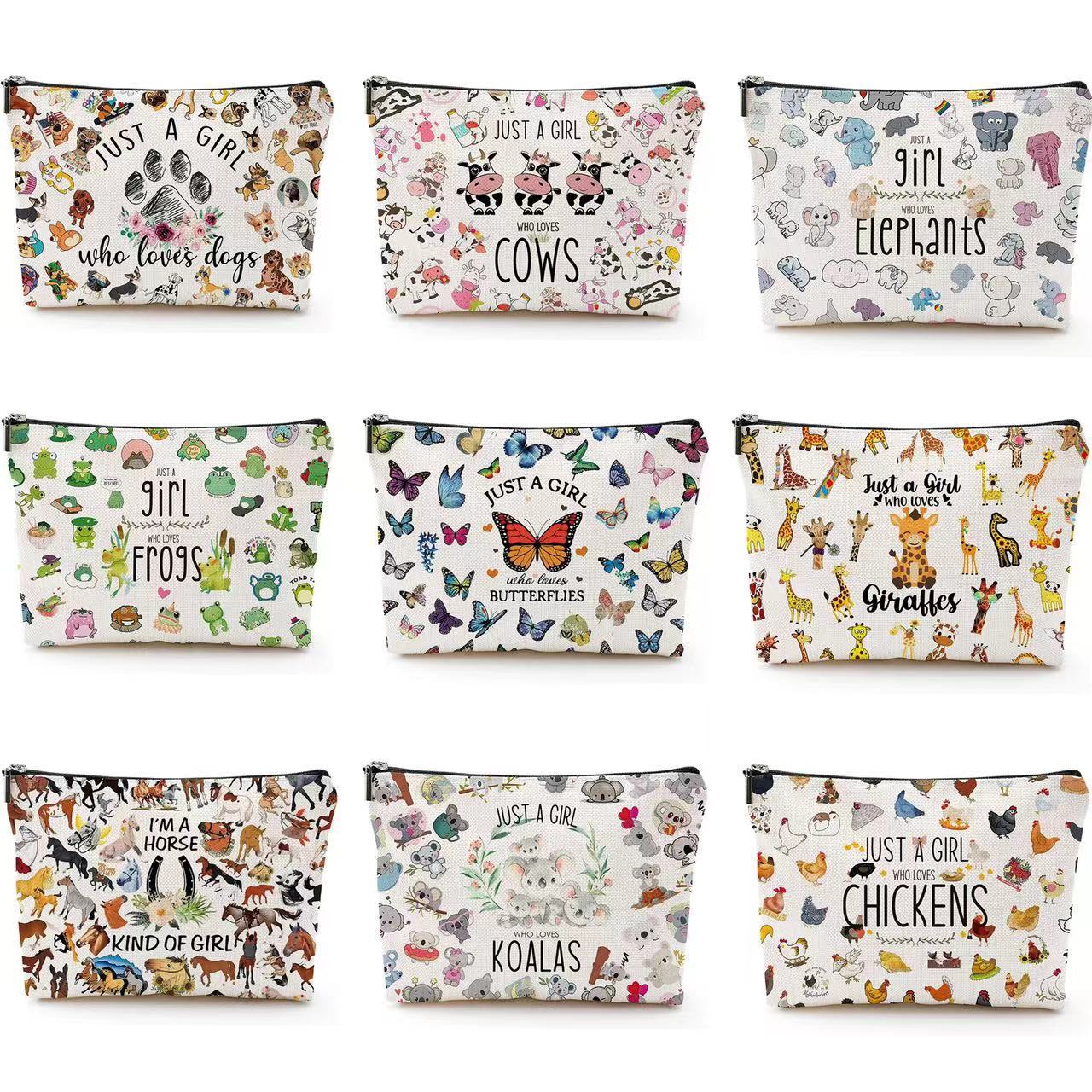 Nueva bolsa de maquillaje impermeable lino Amazon venta caliente bolsa de maquillaje de animales bolsa de mano bolsa de lavado bolsa de tela pequeña bolsa de almacenamiento