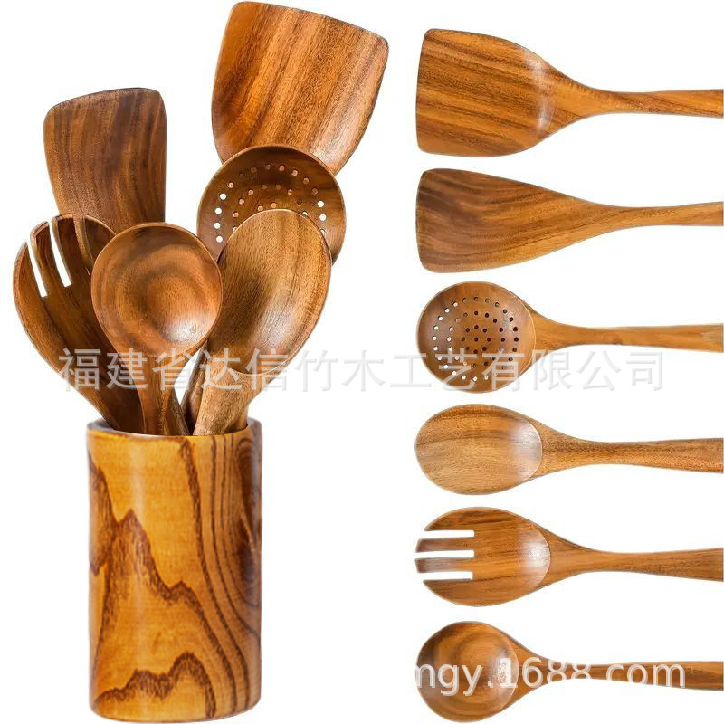 Juego de cocina transfronterizo, utensilios de cocina de madera de acacia, espátula de mango largo, espátula, pala de madera maciza, tenedor, olla antiadherente, juego de cocina de 10 piezas