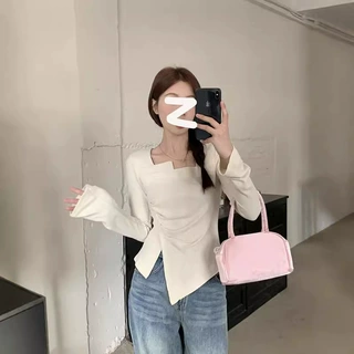 大码不规则长袖T恤女2024秋季新款胖mm遮肉显瘦独特别致减龄上衣