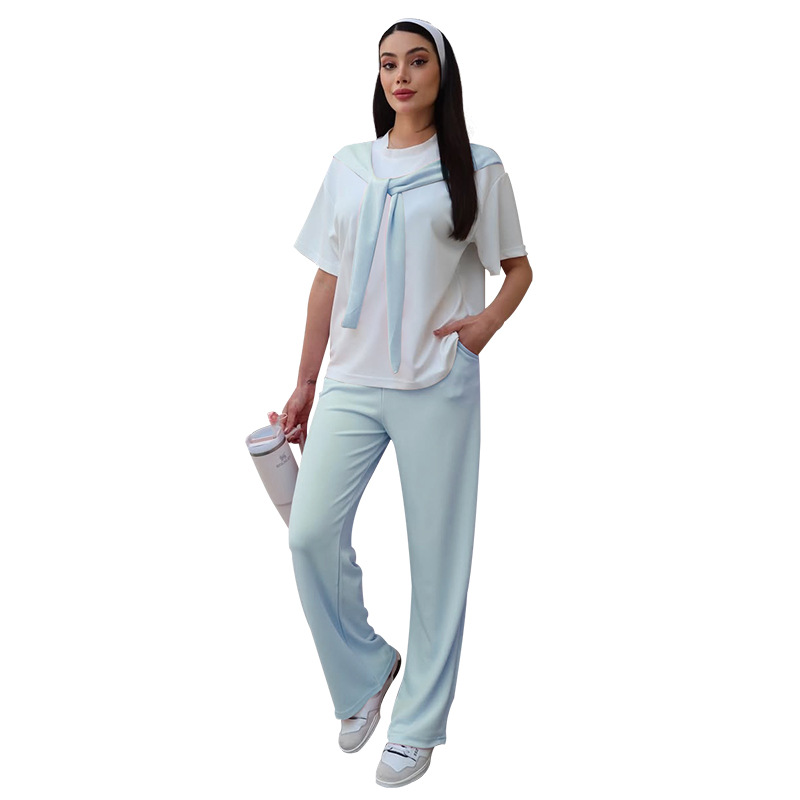 Women's Clothing Women's Faux Wrap Short Sleeve Top And Straight Leg Pants Set Patchwork White Round Neck Summer Fashion Casual Outfit_ecoleips.com