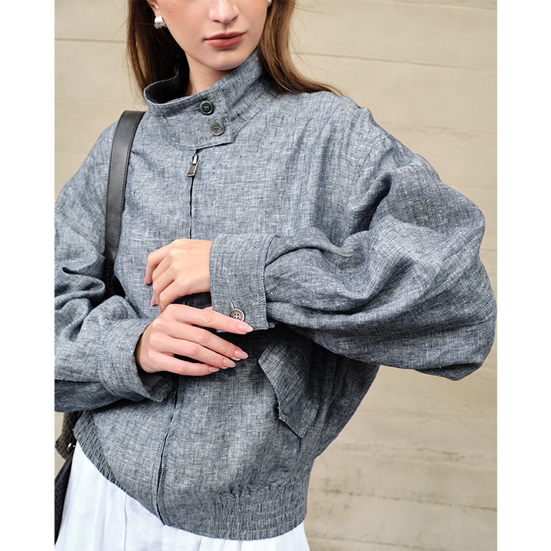 Old Money Style Pure Linen Short Jacket for Women, Turn-Down Collar Cardigan, Spring Season, High-End Relaxed Feel, Zip-Up Denim Blue Jacket Old Money Style Pure Linen Short Jacket for Women, Turn-Down Collar Cardigan, Spring Season, High-End Relaxed Feel, Zip-Up Denim Blue Jacket