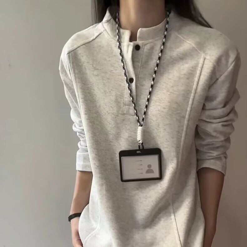 POLO shirt with Henry collar, long-sleeved t-shirt for men, autumn deconstructed patchwork design, regular shoulder base shirt, spring and autumn sweatshirt