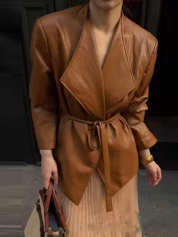 皮衣外套女欧货2025年秋季新款V领系带收腰显瘦高级感PU皮西服潮|undefined