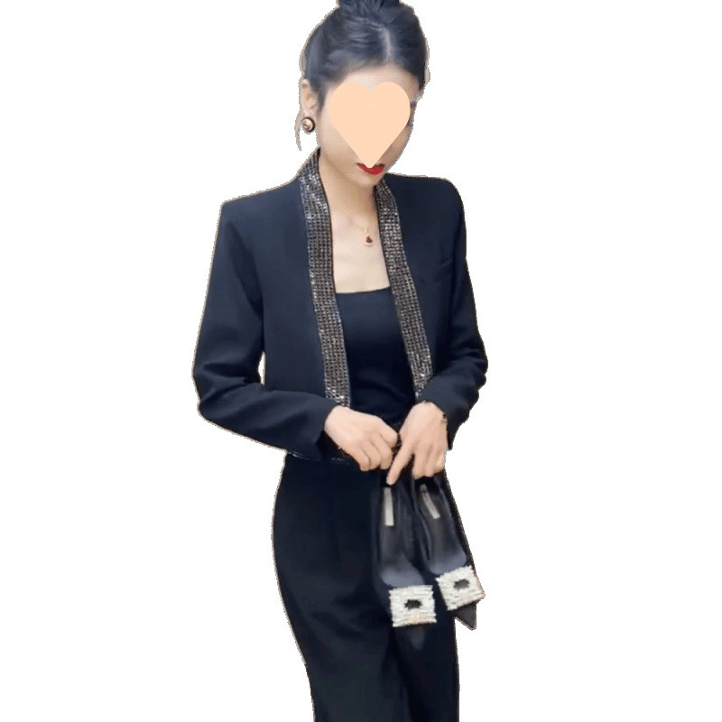 2025年春季网红新款时尚套装女法式轻奢重工烫钻西服+显瘦阔腿裤|undefined