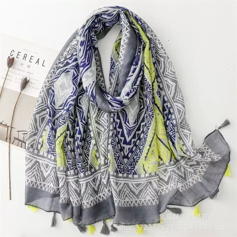 Ethnic Style Cotton and Linen Tassel Scarf, Retro Bohemian Paisley Print Silk Scarf, Travel Sun Protection Beach Cape