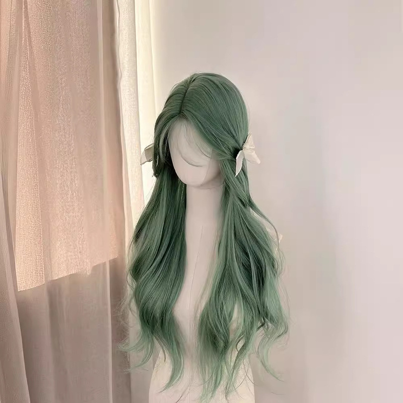 Wu Xinming Detecting the Same Style Mint Green Wig Women's Full Head Cover Eight-character Bangs Wave Long Curly Hair cos Wig Cover Wu Xinming Detecting the Same Style Mint Green Wig Women's Full Head Cover Eight-character Bangs Wave Long Curly Hair cos Wig Cover