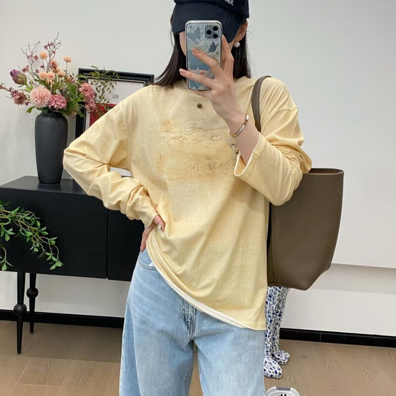 082305 小众喷色脏脏慵懒风宽松圆领长袖T恤女2025秋轻薄防晒罩衫|undefined