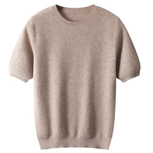 Men's Crewneck Simple Solid Color Honeycomb Needle Pullover Sweater Loose Casual Full Wool Early Autumn New Knitted Half Sleeve