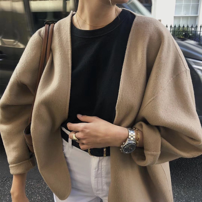 Nordic niche curved outline lace-up waist wool cashmere blended double-sided nylon short coat woolen overcoat