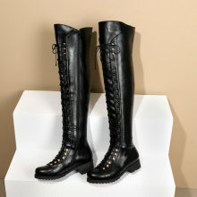 亚马逊外贸大码长靴长筒靴子系带过膝靴欧美皮靴女黑色棕色马丁靴