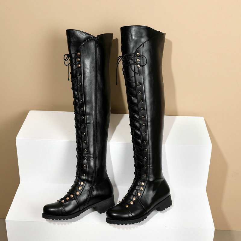 亚马逊外贸大码长靴长筒靴子系带过膝靴欧美皮靴女黑色棕色马丁靴