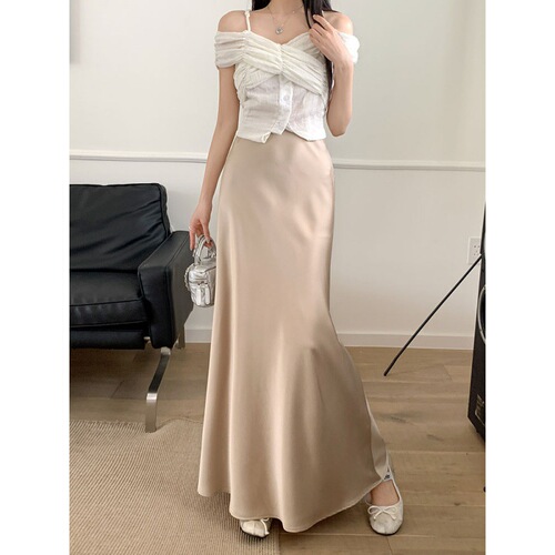 Large size 2024 new satin skirt, elastic waist, slimming fish tail skirt, French long dress, fat mm, 200kg