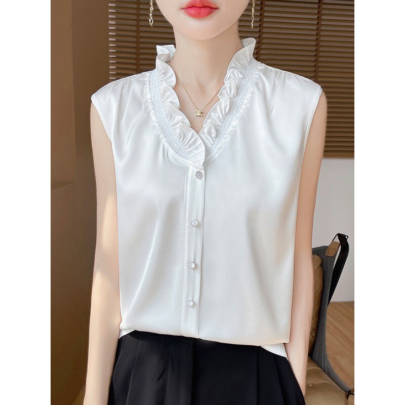 Acetate Satin V-Neck Ruffled Solid Color Sleeveless Shirt Top, Chanel-Style French White Blouse with Lace Trim