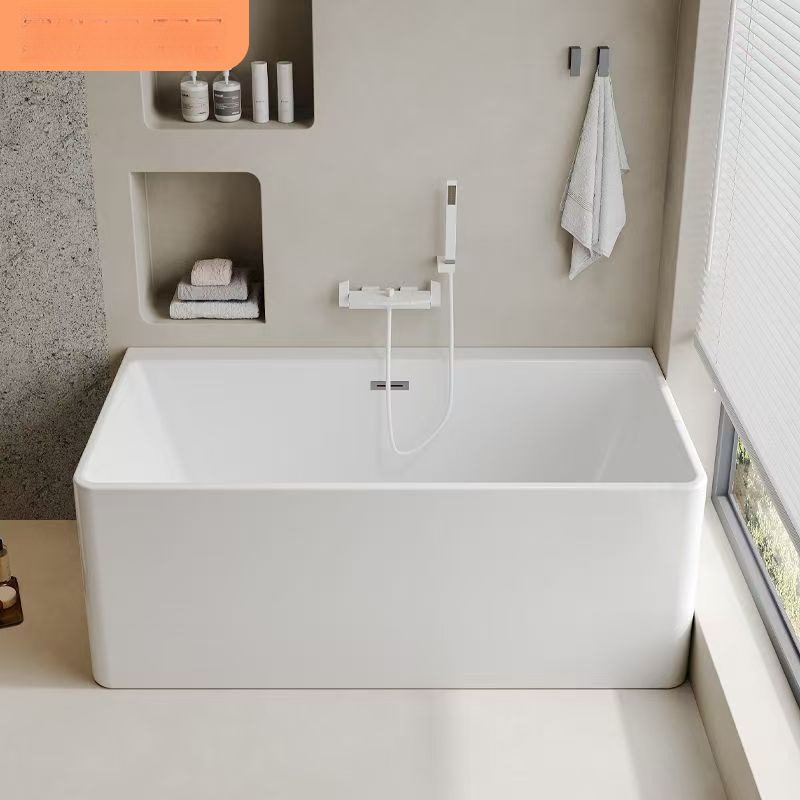 Acrylic bathtub, freestanding, suitable for small apartments and guesthouses, seamless design, for adult use, with heat retention, rectangular shape, and deep soaking