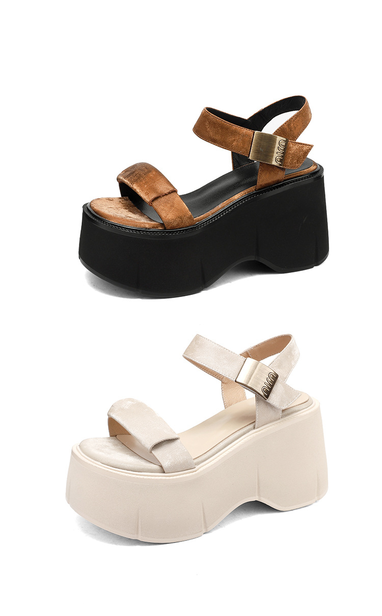 Sandal cao gót nữ phong cách Pháp cổ điển đế xuồng tăng chiều cao hở mũi khóa kim loại — màu nâu, màu đen, màu trắng ngà chi tiết 19