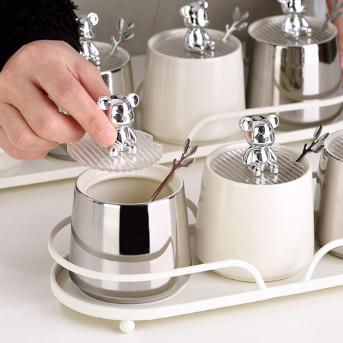 Electroplated Bear Ceramic Seasoning Jar Full Set of Seasoning Supplies Light Luxury Seasoning Jar Dustproof Salt Shaker Set Wholesale