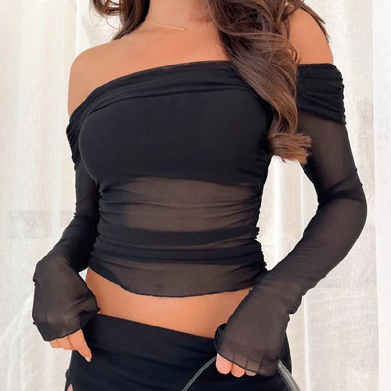 Damen Single Shoulder Top Herbst New Mesh Slim Joker Langarm Damen_voghion.com