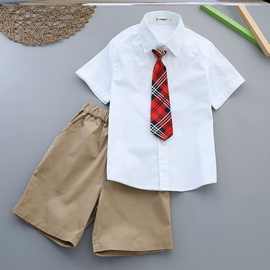 儿童白衬衫黑裤子男童演出服套装夏季短袖薄款衬衣短西裤两件套