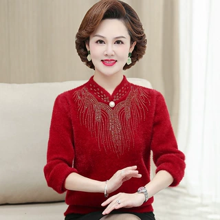 中老年妈妈装旗袍领加厚仿貂毛毛衣中年女装套头时尚宽松针织上衣