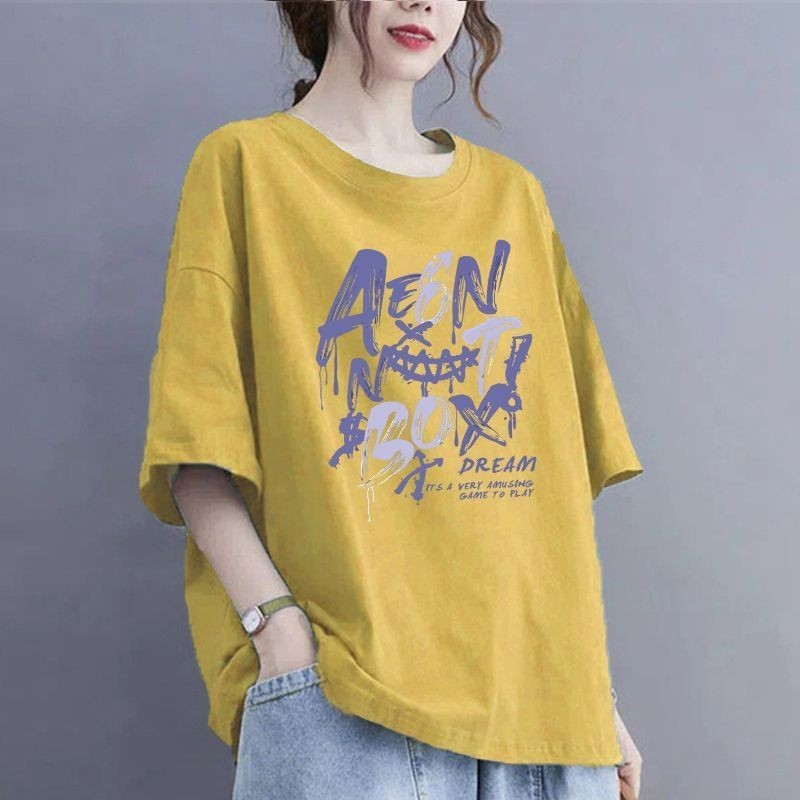 Summer 100kg Plus Size Pure Cotton T-Shirt Short-Sleeved Loose Belly-Covering T-Shirt for Outer Wear Slimming Look and Flesh-Covering Round Neck Top for Women