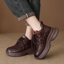头层牛皮老爹鞋女2025秋冬新款复古百搭厚底增高系带运动休闲鞋