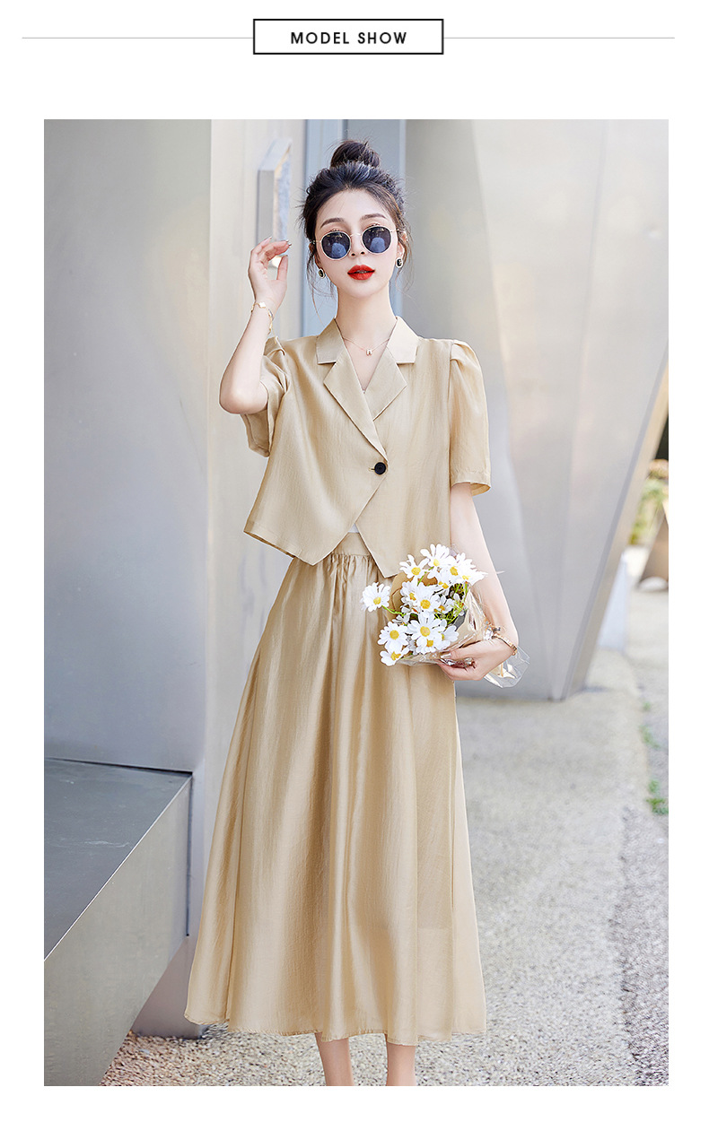 Bộ đồ Tencel nữ hai mảnh gồm áo và chân váy midi thắt eo — Màu đen, Màu xám, Màu kaki chi tiết 11