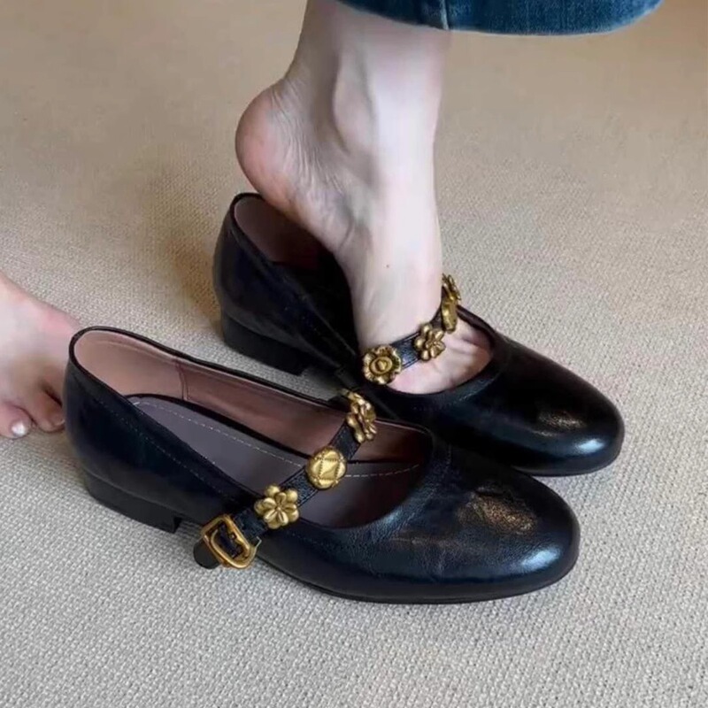 Sheepskin Version ~ Metal Leather Mary Jane Shoes Women's French Shallow Mouth Shoes Low Heel Temperament Ballet Shoes Sheepskin Version ~ Metal Leather Mary Jane Shoes Women's French Shallow Mouth Shoes Low Heel Temperament Ballet Shoes