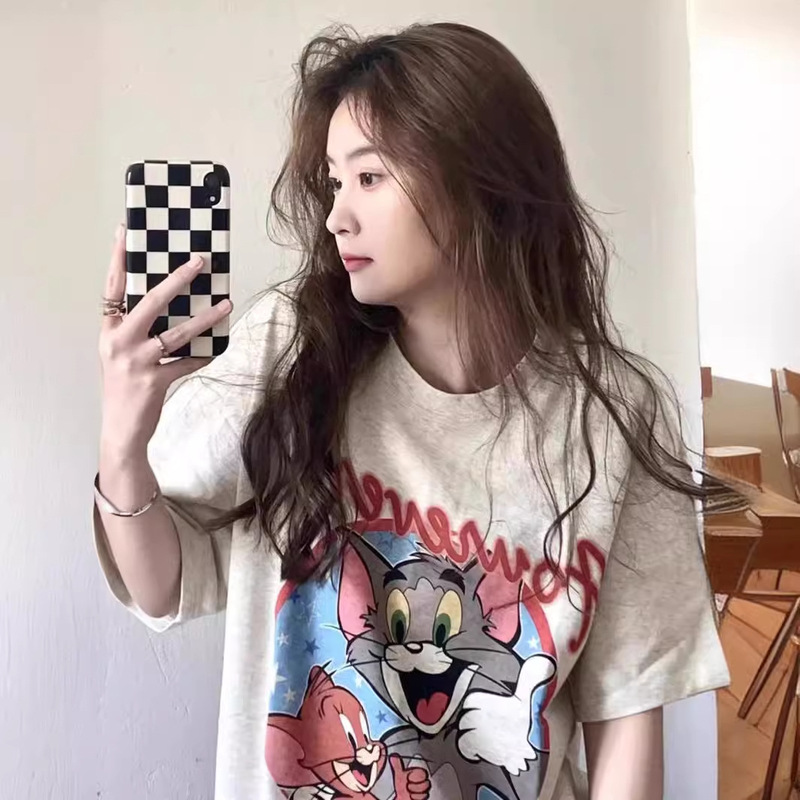 American Retro Niche Chic Design Sense Cartoon Tom and Jerry Round Neck T-Shirt Short Sleeve Loose Top Women's Ins