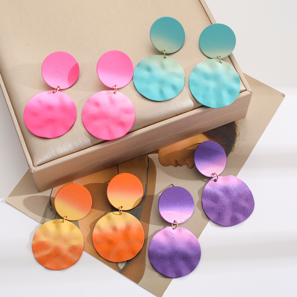 跨境新款热销渐变色褶皱大小圆耳环不规则气质时尚多彩耳环批发