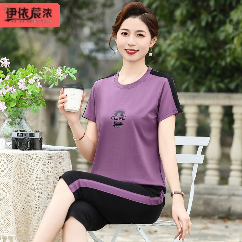 Летний новый костюм мамы повседневный набор с короткими рукавами 2024 женщины среднего и пожилого возраста