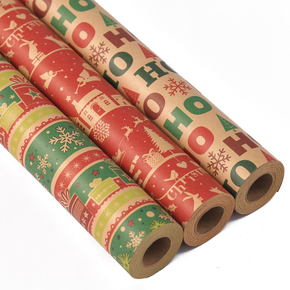 跨境亚马逊新款圣诞礼物包装纸印花复古牛皮纸diy礼品纸包装批发