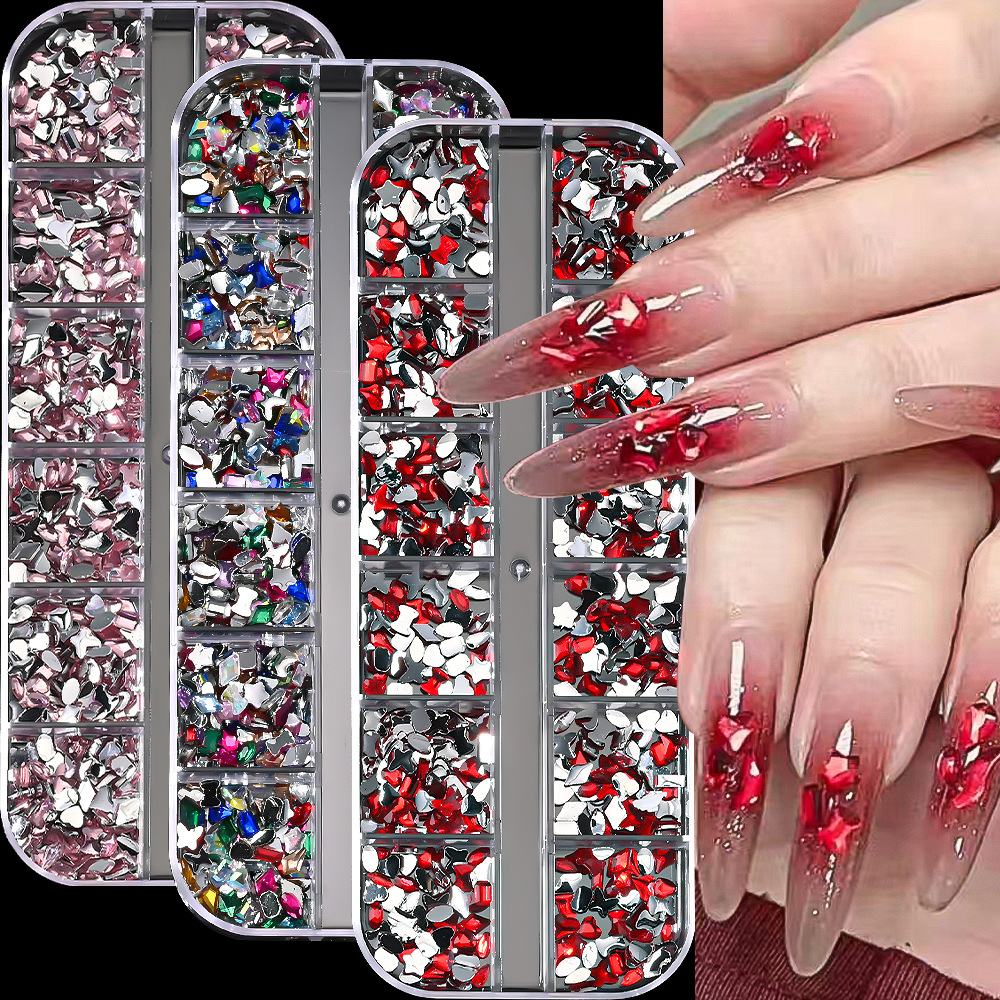 14-Color Long Strip Box Colorful Nail Art Irregular Rhinestone Nail Accessories Resin Flat-Back Rhinestone Nail Decoration