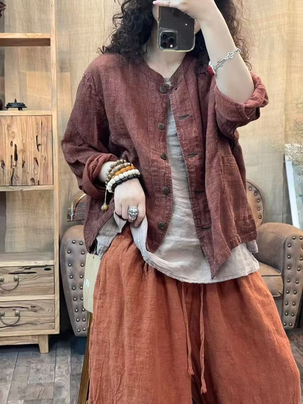 炒色亚麻开衫女 2025秋新款文艺气质复古宽松立领单排扣开衫上衣|undefined