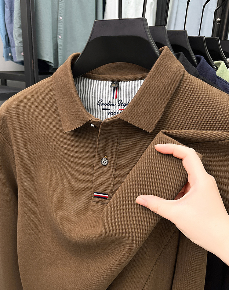Áo polo nam dài tay cổ bẻ 100% cotton đánh bóng, form regular — nâu vàng chi tiết 20