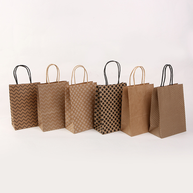 Bolsas de regalo de la serie de papel kraft con rayas onduladas y lunares, bolsas de mano para empaque de té con leche, venta directa de fábrica de papel kraft