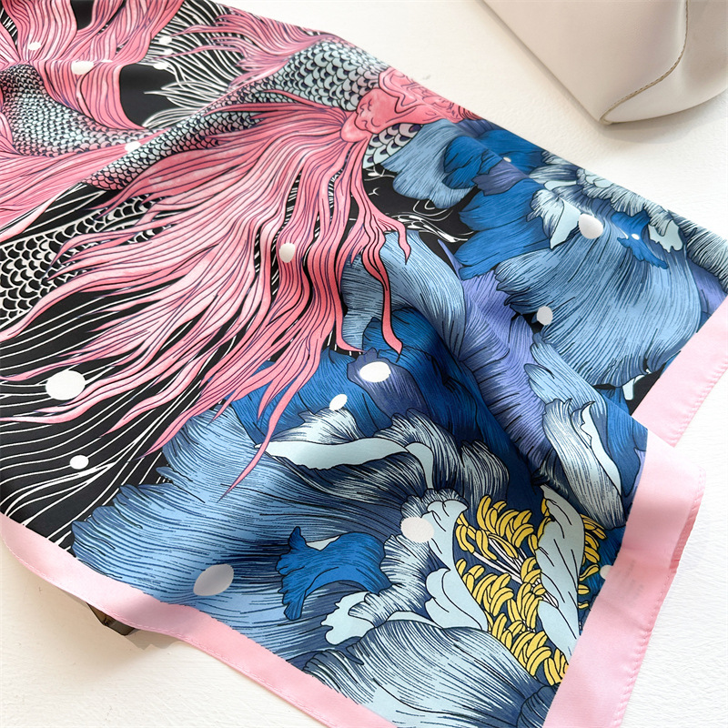 New koi peony print fashion scarf 90cm large square scarf twill silk scarf temperament versatile sun protection shawl_voghion.com