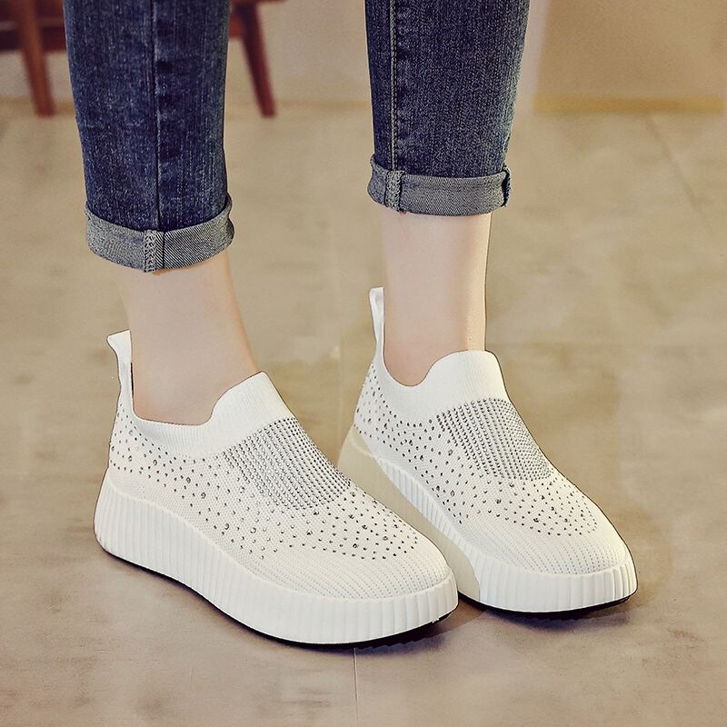 Rhinestone Casual Sports Shoes, Spring and Summer Mesh Shoes, Fly-Knit Breathable Slip-On White Shoes, Thick-Soled Running Shoes