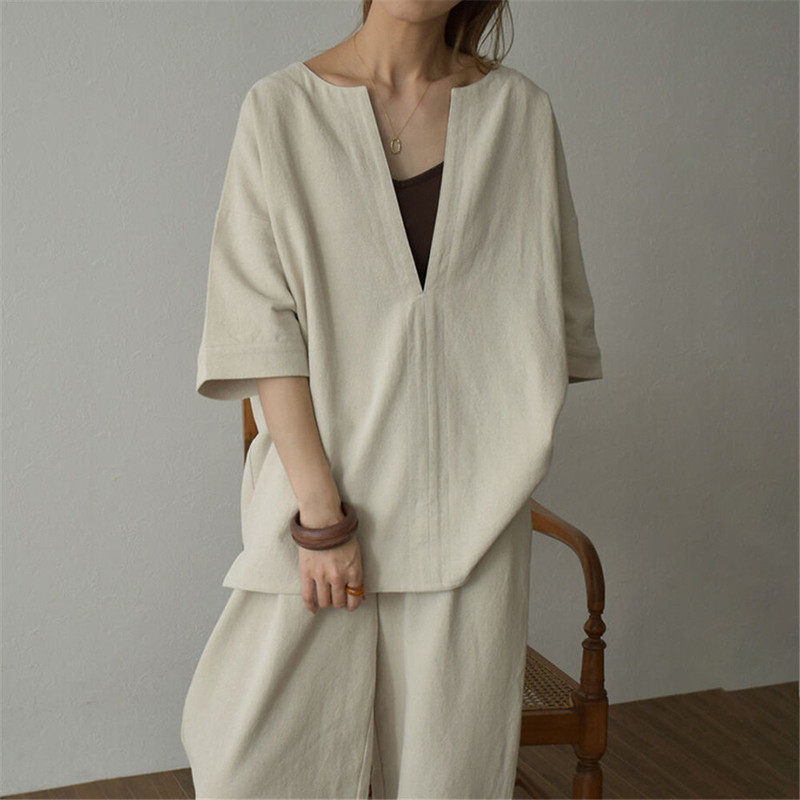 In Stock 2026 Summer Solid Color Loose Deep V Pullover Japanese Casual Pants Women's Long Fashion Pullover Set
