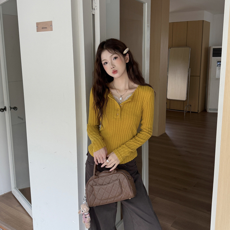 实拍#美式收腰长袖T恤女秋季高级感修身打底衫女内搭黄色蕾丝|undefined