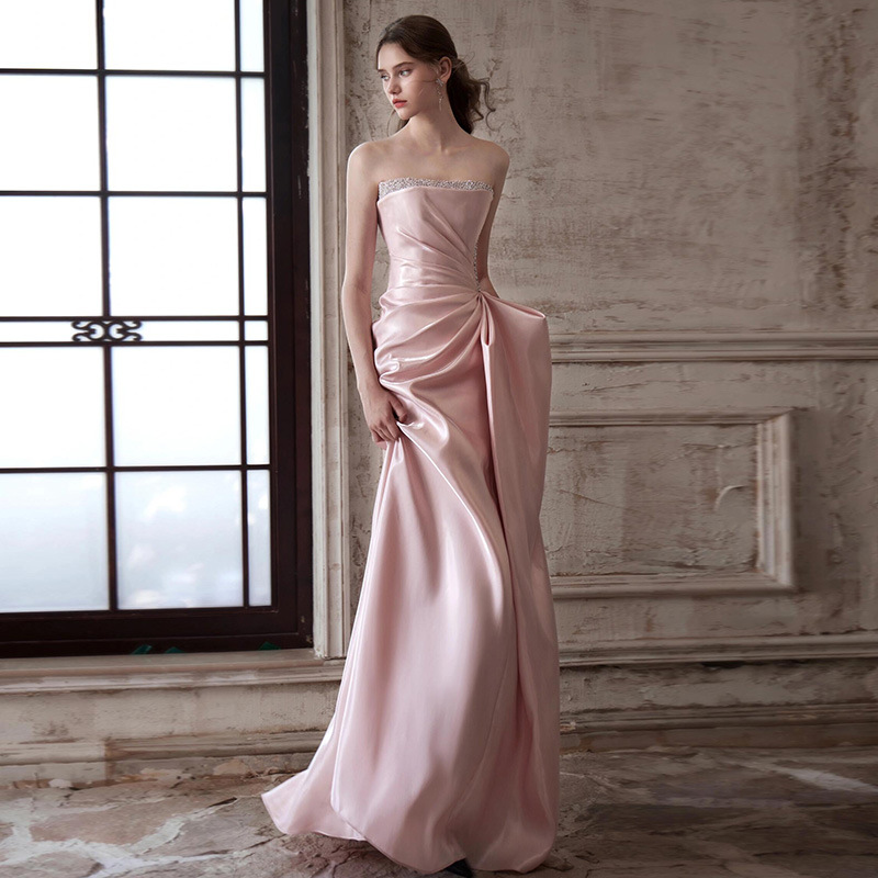 Vestido de noche francés rosa para mujeres 2026 nuevo anfitrión de reunión anual de alto nivel, vestido de novia de compromiso