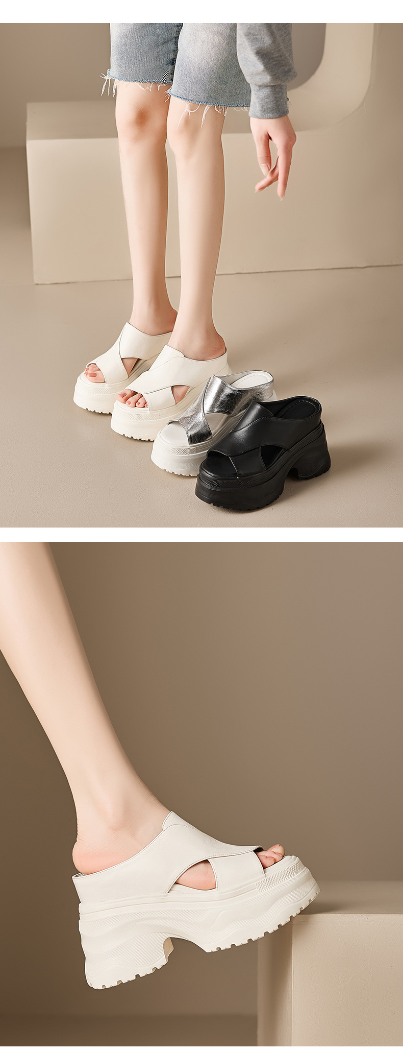 Dép sandal nữ quai ngang đế dày da thật tăng chiều cao — màu đen, màu trắng ngà, bạc chi tiết 5