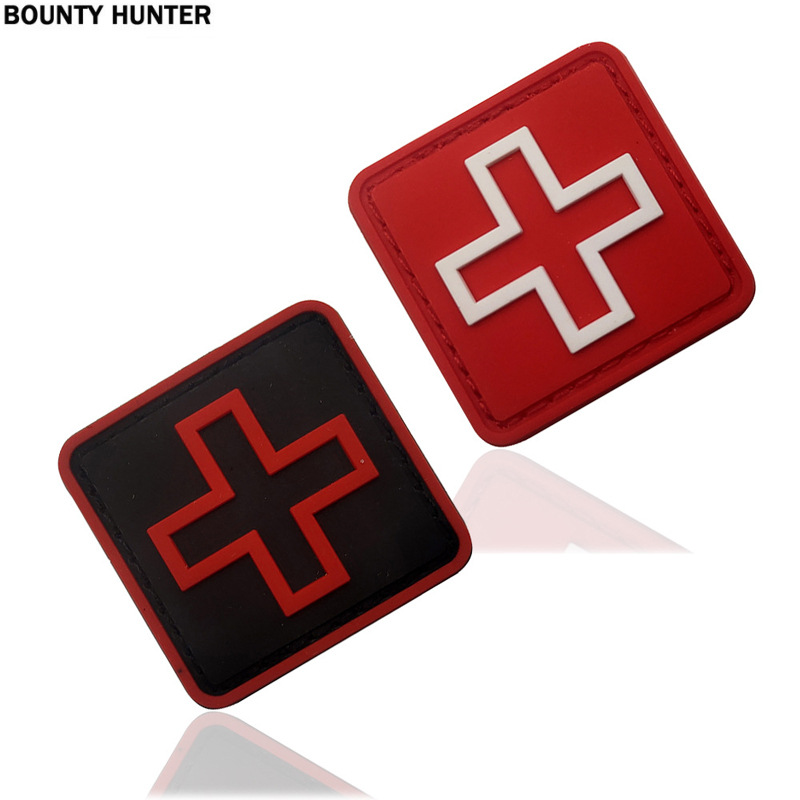 跨境货源方形徽章3D PVC滴胶白黑卫生医疗红十字魔术贴