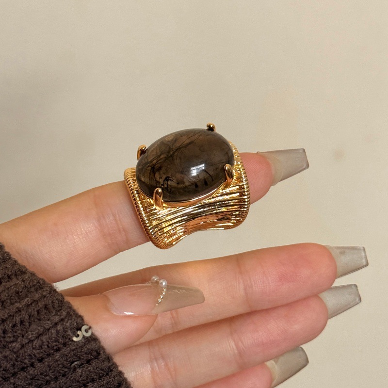 New Chinese Style Ancient Melad Natural Stone Handmade Wide Open For Women Ins Retro High-end Feel Ring_voghion.com
