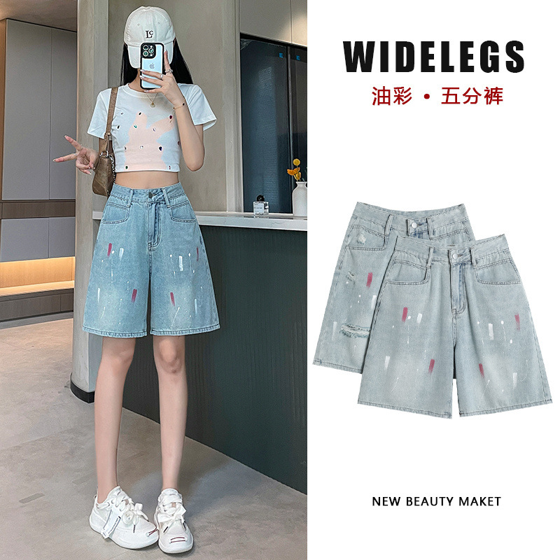 涂鸦油彩直筒牛仔短裤女夏季新款高腰显瘦设计感宽松阔腿五分热裤