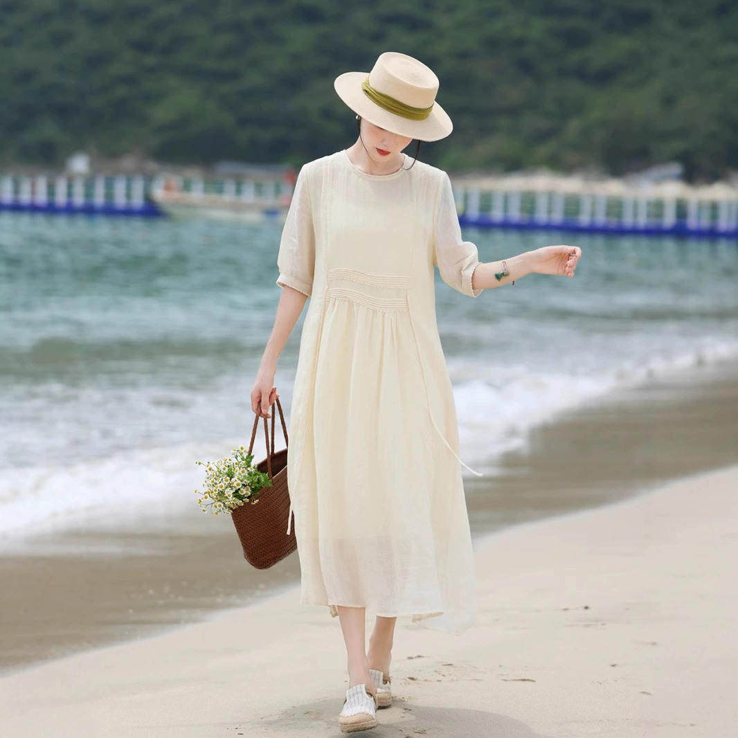 Дизайн Чувство Чай Перерывы Французское Платье Женское Лето 2025 Новый Модный Круглый Воротник Талия Тонкая Длинное Платье