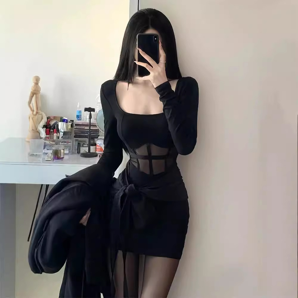 2024新款秋装辣妹性感御姐气质黑色网纱连衣裙女纯欲修身包臀短裙