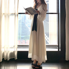 2025秋季新款 法香莉莉安 蝴蝶结蕾丝连衣裙温柔风灯笼袖长款裙子