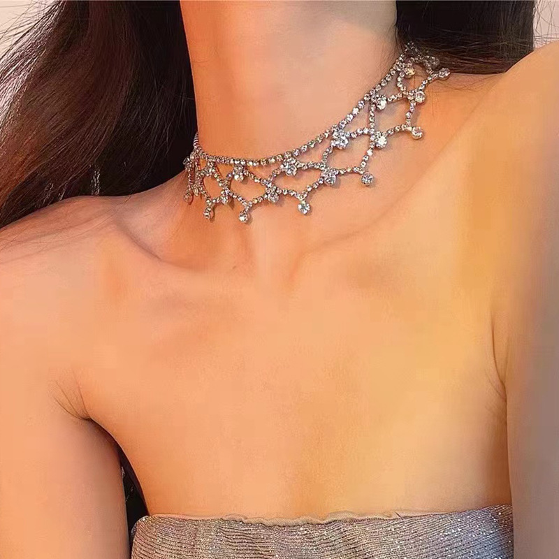 New European And American Style Exaggerated Design Claw Chain Rhinestone Choker, Mesh Sparkling Full-rhinestone_voghion.com