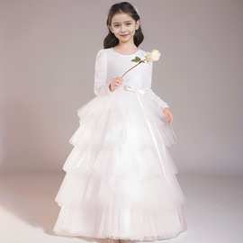 女童礼服秋冬高端白色蛋糕裙长袖生日公主裙小女孩钢琴演奏演出服