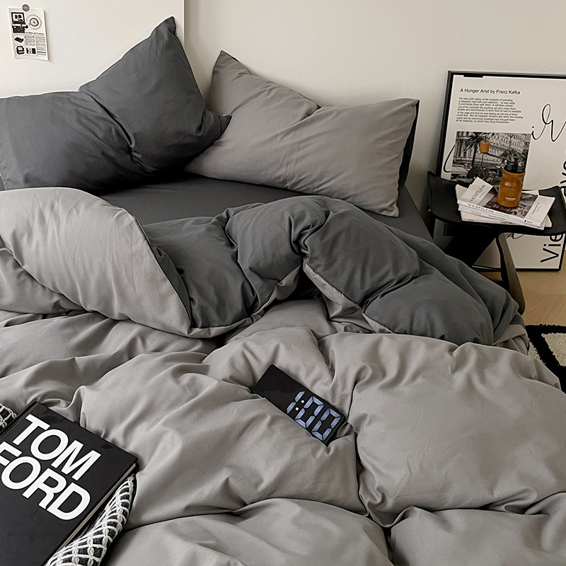 Ins-style solid color double-piece wash cotton bed set of four or four student dormitory sheets quilt cover smog gray three-piece set